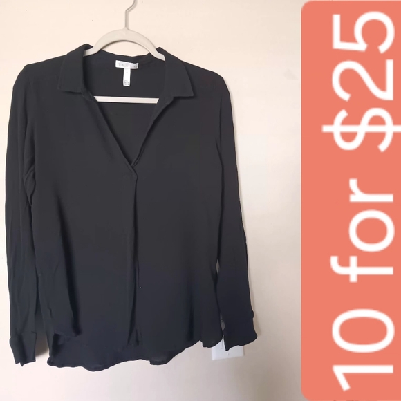 Leith Tops - Black Long-Sleeve V-Neck Blouse - Lightweight Women's Top